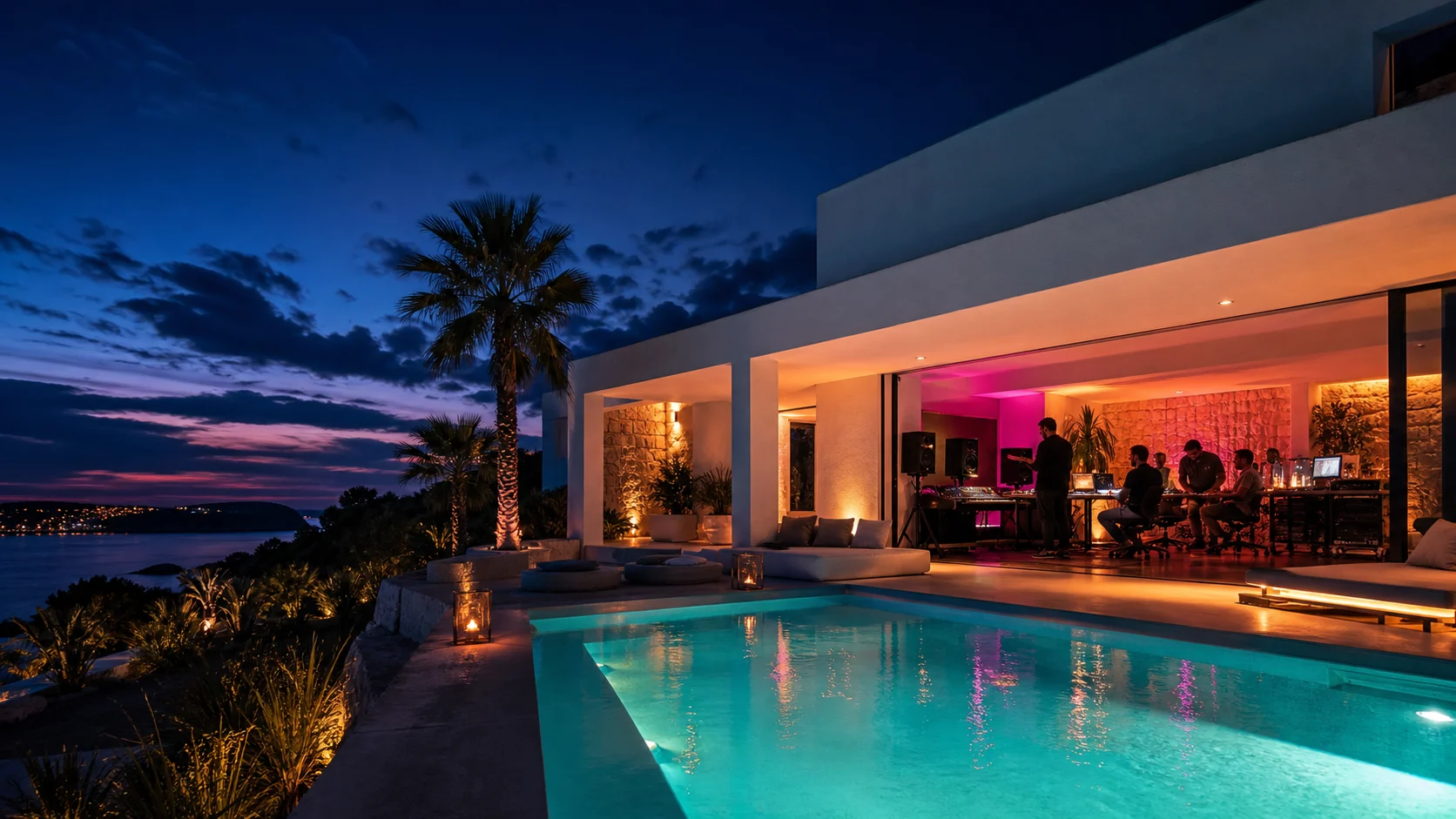 An Ibiza villa at dusk with electronic artists writing music beside the pool